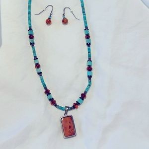 Necklace and earring set. Genuine turquoise and amber.